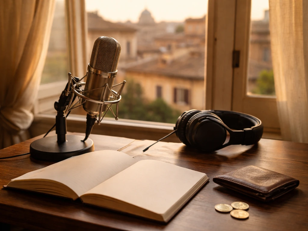Minimal recording studio desk with microphone, headphones, and euro coins symbolizing wealth curiosity