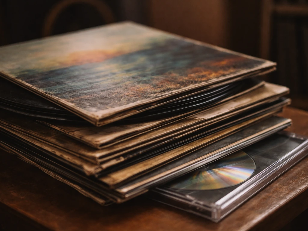 Close-up of stacked vinyl records and a CD compilation sleeve in warm natural light.