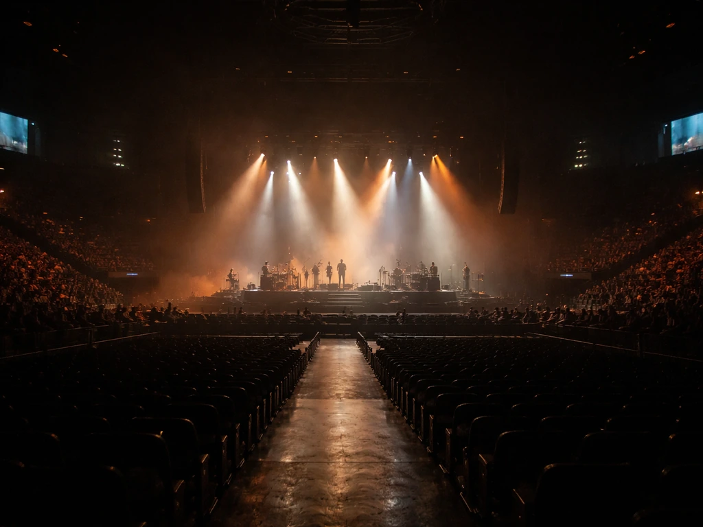 Large concert arena stage at night with sweeping lights and musicians on stage, minimal audience view.