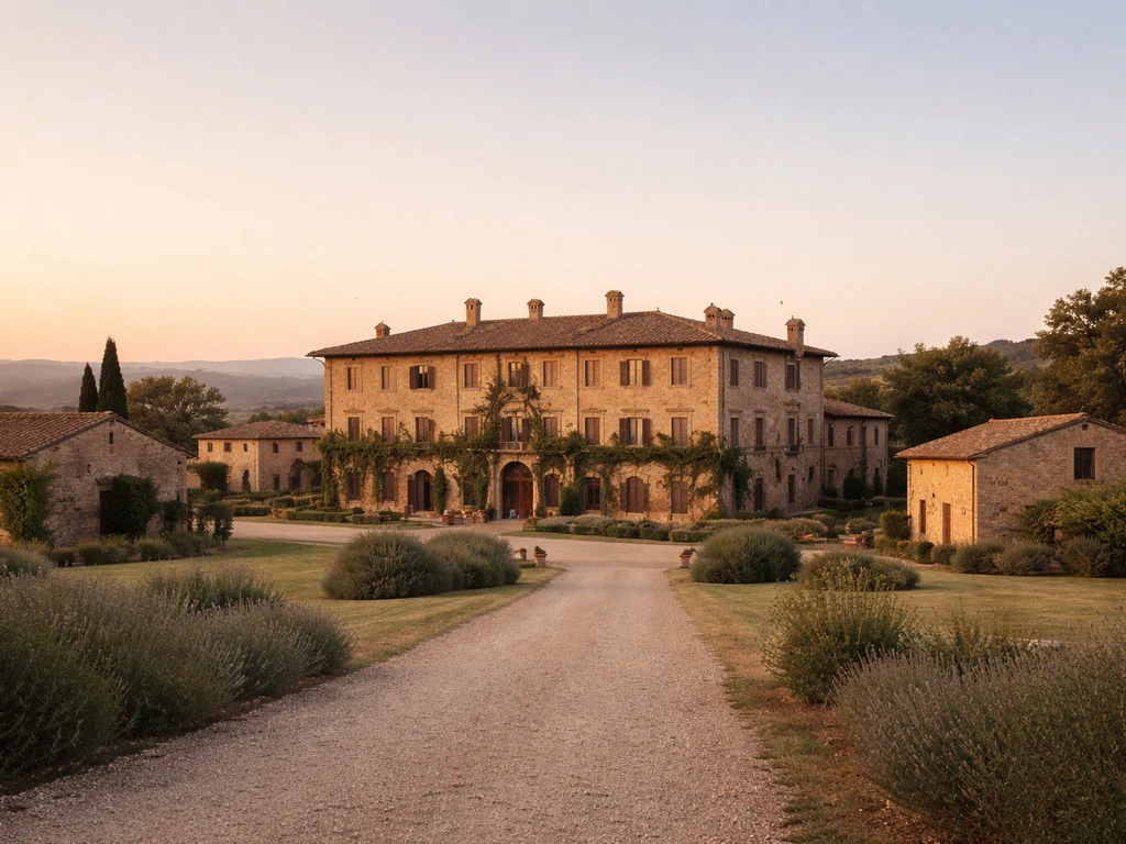 Italian countryside villa exterior with additional outbuildings, no people, suggesting multiple properties.