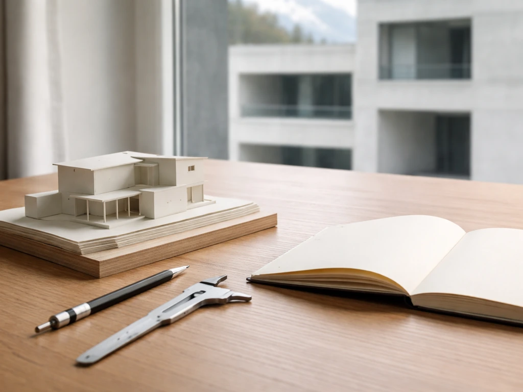 Minimal studio desk scene with architectural model and notebook, suggesting clarity in identity and research.