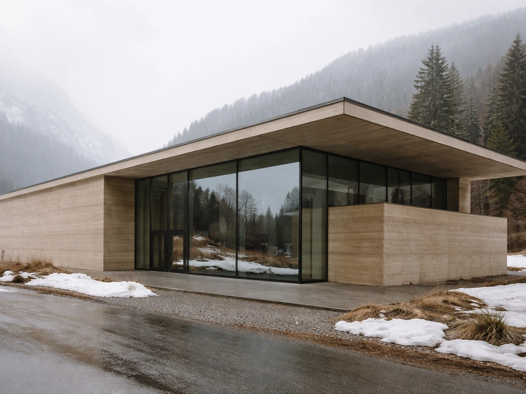 Modern concrete-and-glass exterior of a minimalist national park center in a snowy alpine setting