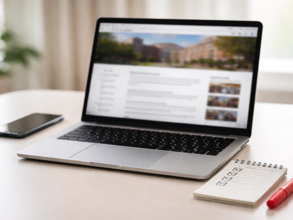 Laptop showing a university webpage with a checklist cue for verifying academic role details.