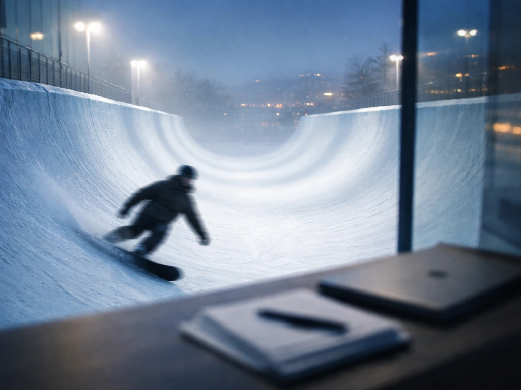Snowboard halfpipe scene with an athlete silhouette-like figure and subtle finance vibe
