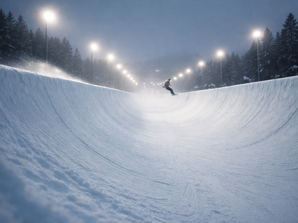 Snowboarding halfpipe at dusk with dramatic lighting, symbolizing pro-athlete focus without showing any person