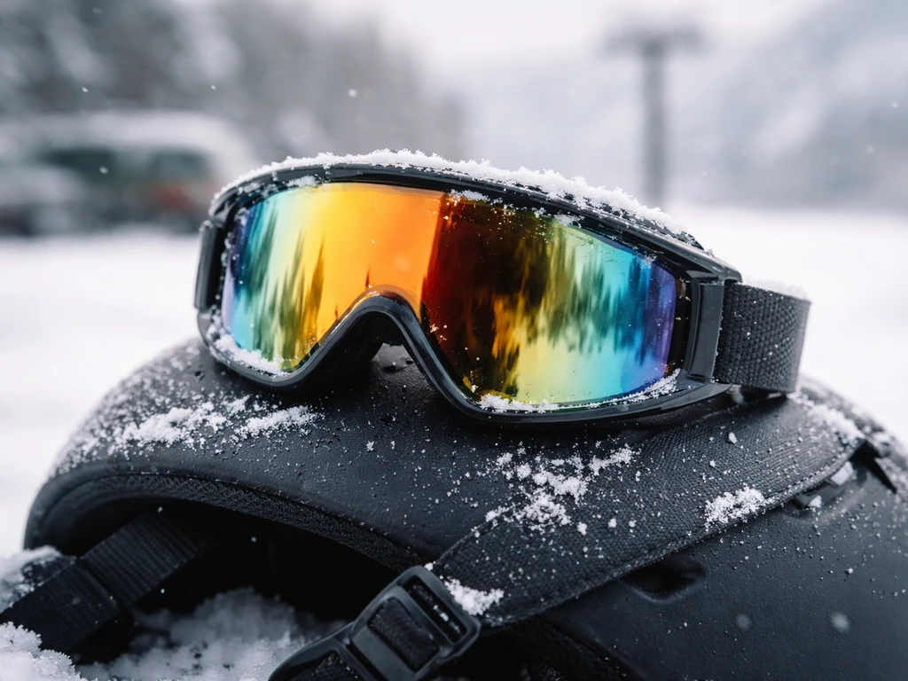 Snowboarder wearing Oakley-style eyewear and snow gear in a snowy outdoor setting