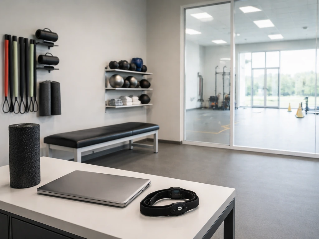 Athlete training facility room with sports science equipment and a coach-style workstation