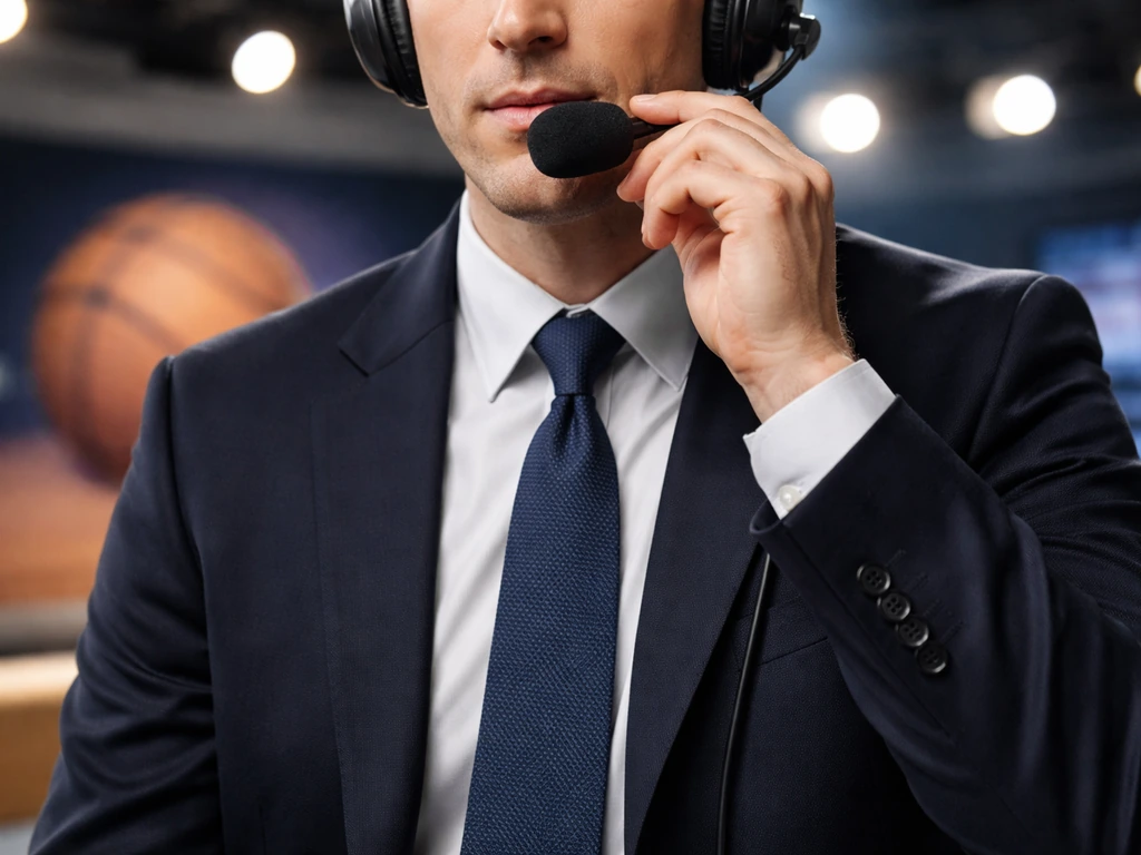 ESPN-style on-camera basketball commentator in a studio setting, minimal and realistic