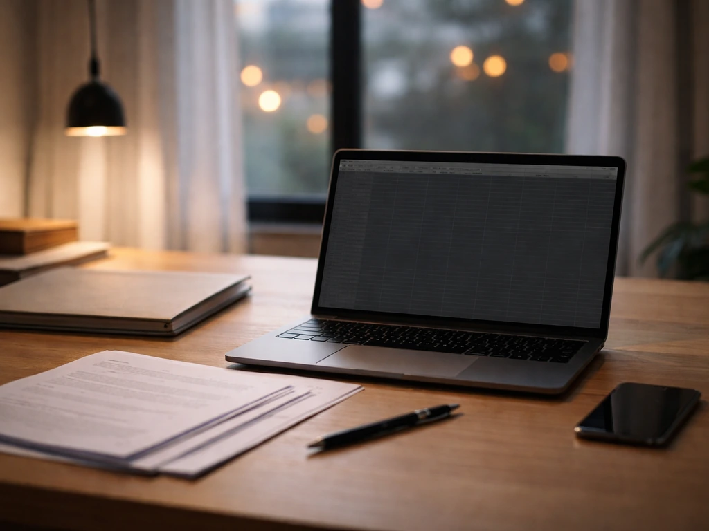 Minimal desk scene with laptop and documents symbolizing how net-worth estimates come from sources.