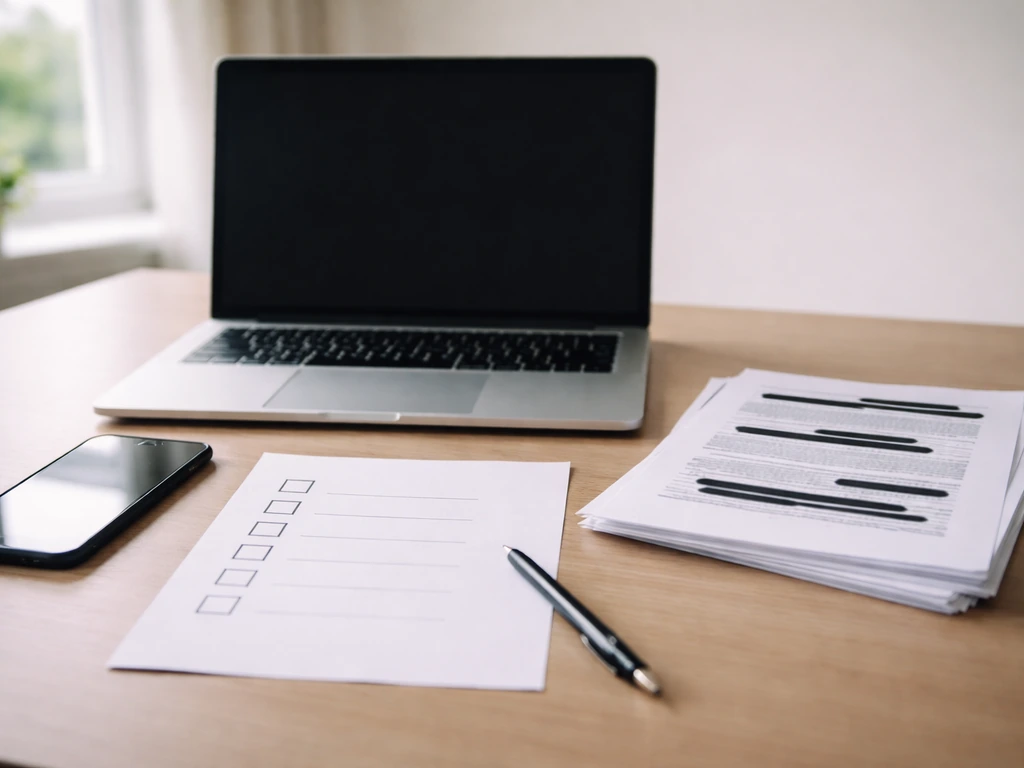 Minimal desk scene with laptop, phone, documents, and a blank checklist page for verifying estimates.