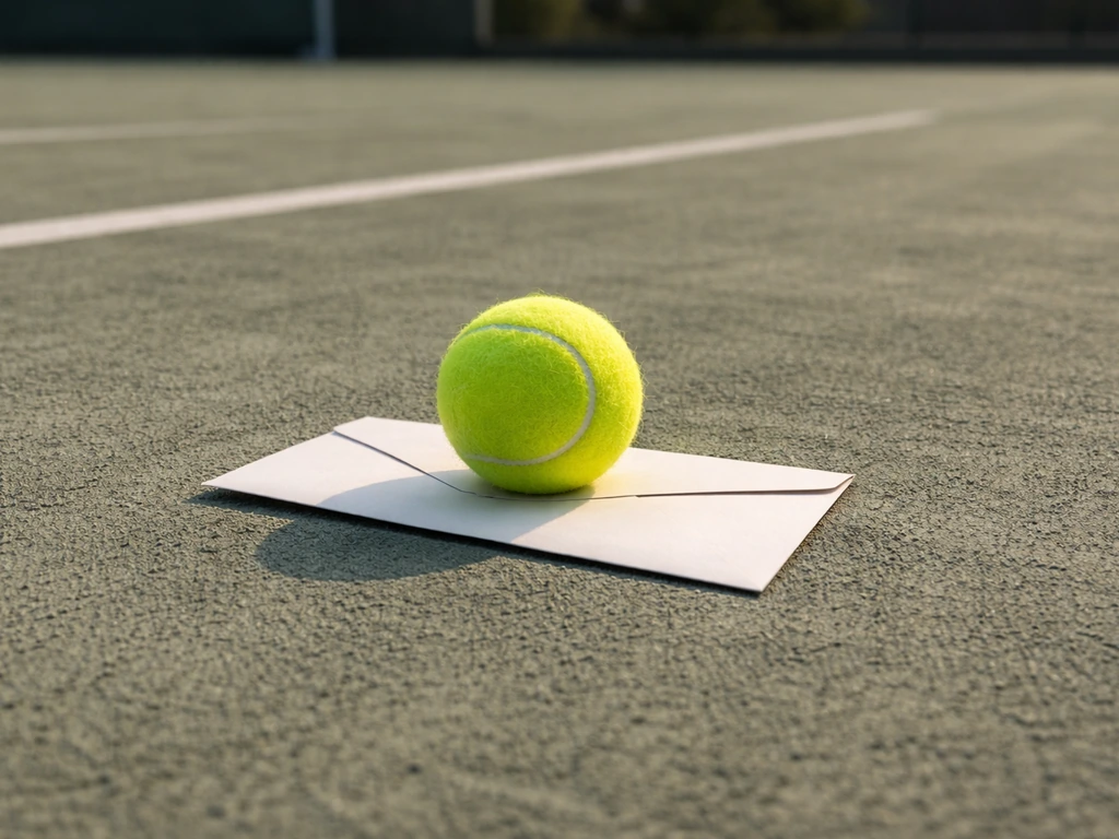 Empty tennis court sidelines with a tennis ball and a sleek prize-money envelope, symbolizing career earnings