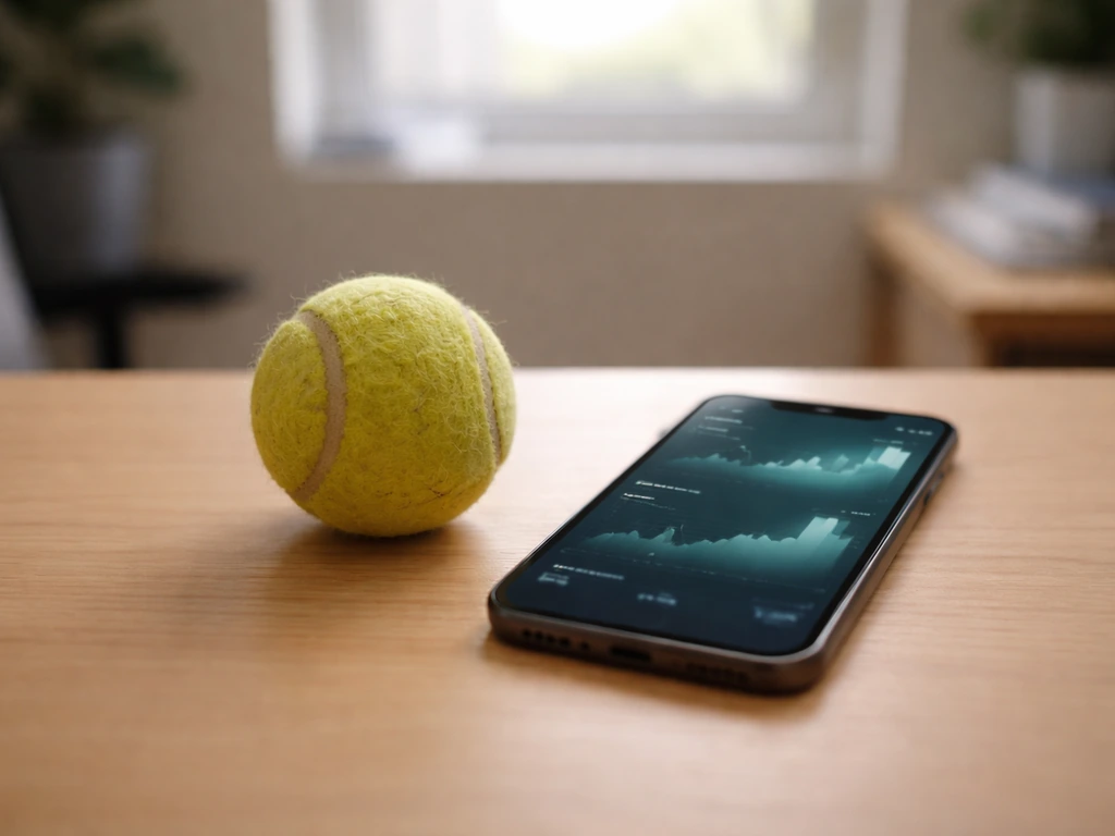 Minimal desk scene with tennis ball and smartphone showing a generic earnings-style dashboard, no readable text.
