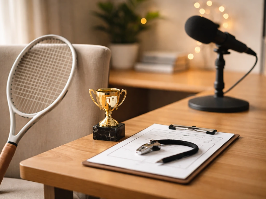 Tennis racket and trophy on a desk with a microphone in the background, hinting at exhibitions and commentary