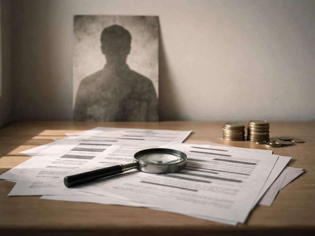 Magnifying glass over redacted financial documents beside a weathered portrait silhouette mural print.