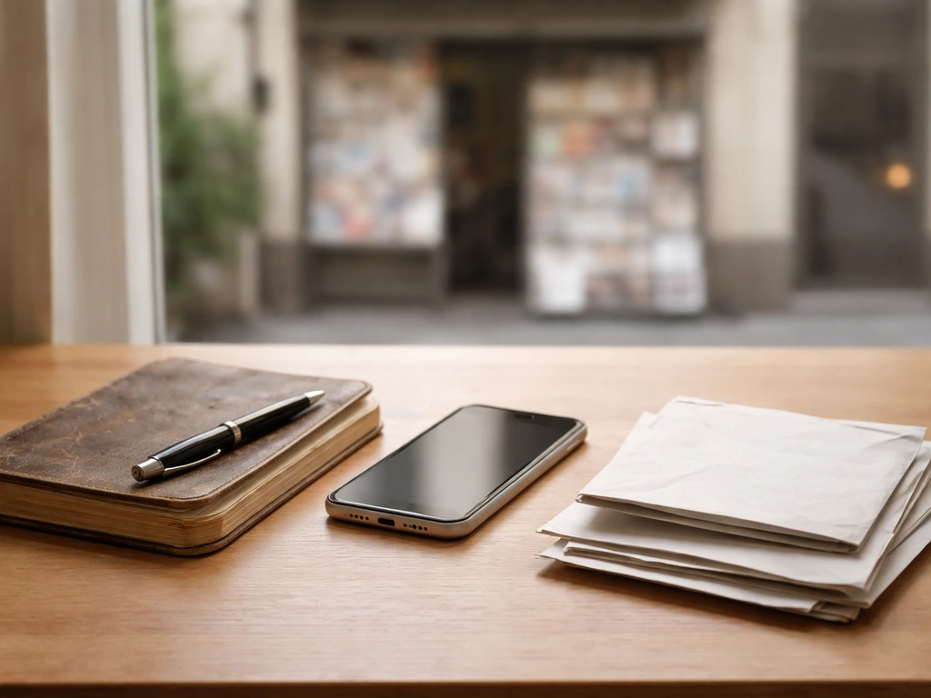 Minimal desk scene with pen, notebook, and smartphone symbolizing searching name aliases
