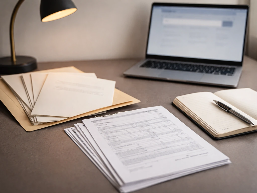 Open folder of business registry documents beside a laptop showing a blank search page