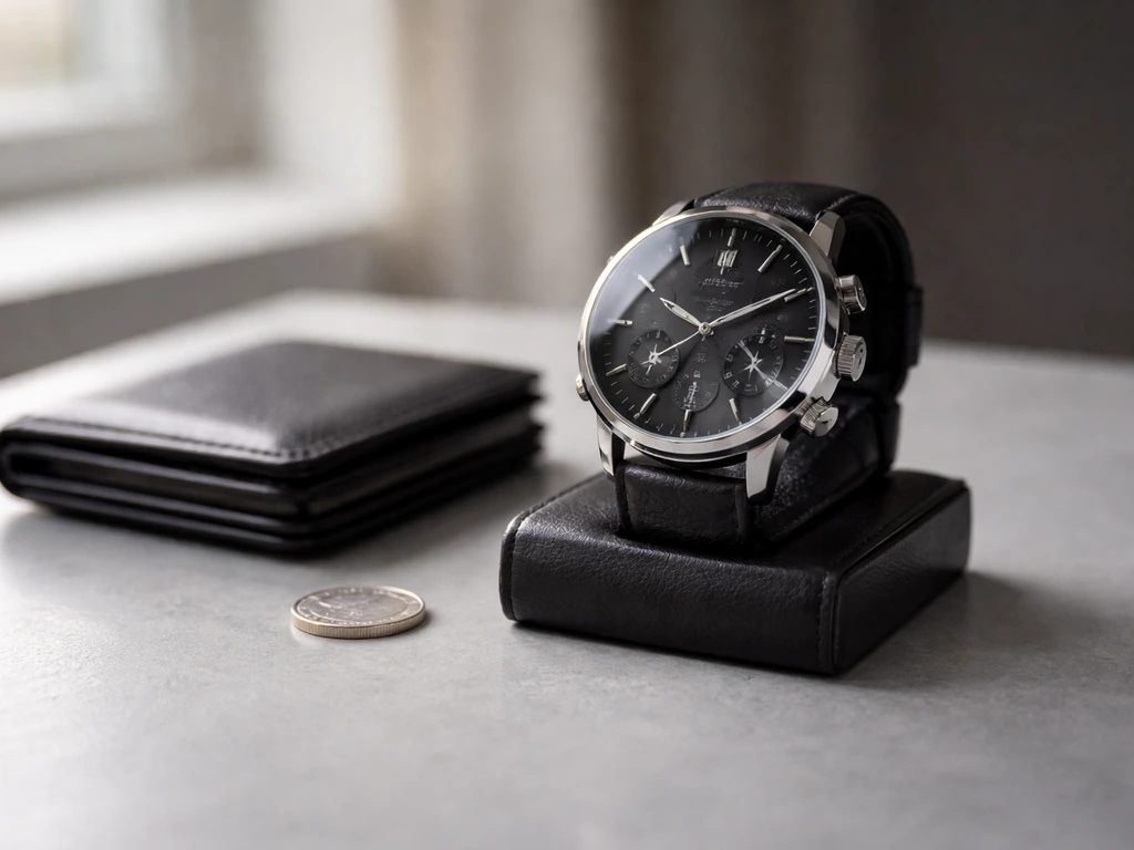 Luxury watch on a clean tabletop with subtle money and business lifestyle cues.