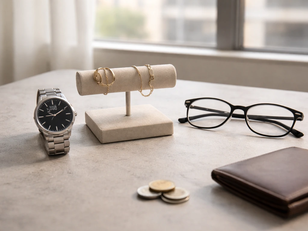 Modern wristwatch, jewelry, and eyeglasses on a stone surface with coins and a wallet nearby, sunlit and minimal.