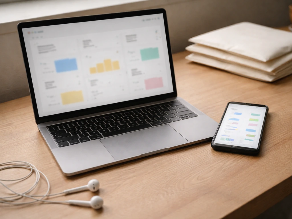 Desk with laptop and phone showing blurred analytics-like dashboard shapes for private-company signal triangulation