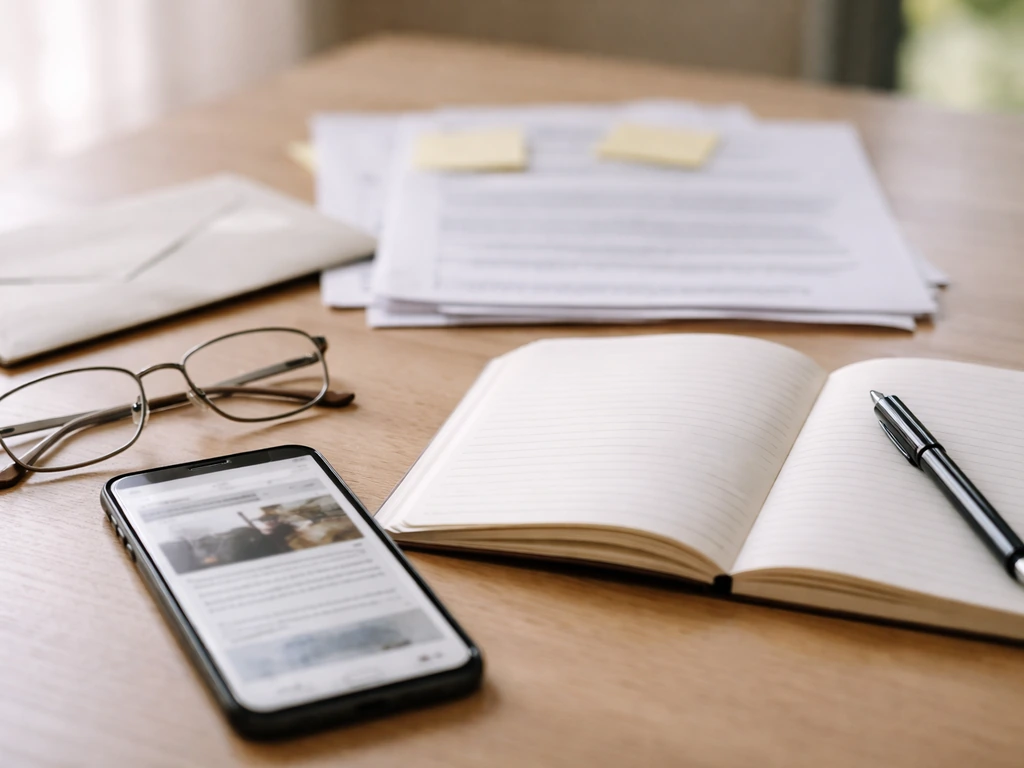 Minimal desk scene with papers, blurred smartphone news page, and glasses suggesting uncertainty in sources.