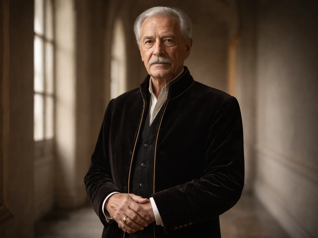 Anonymous elderly Italian nobleman in ceremonial attire in a softly lit palace corridor.
