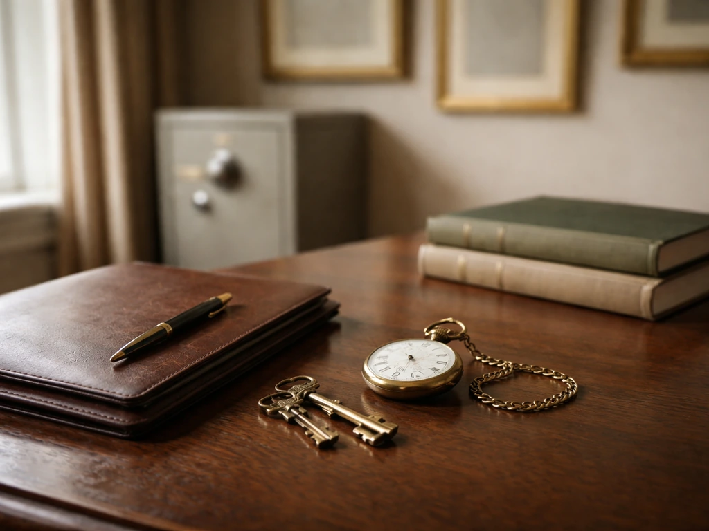 Minimal photo of a luxury desk with a key, vintage watch, and art books symbolizing assorted wealth components