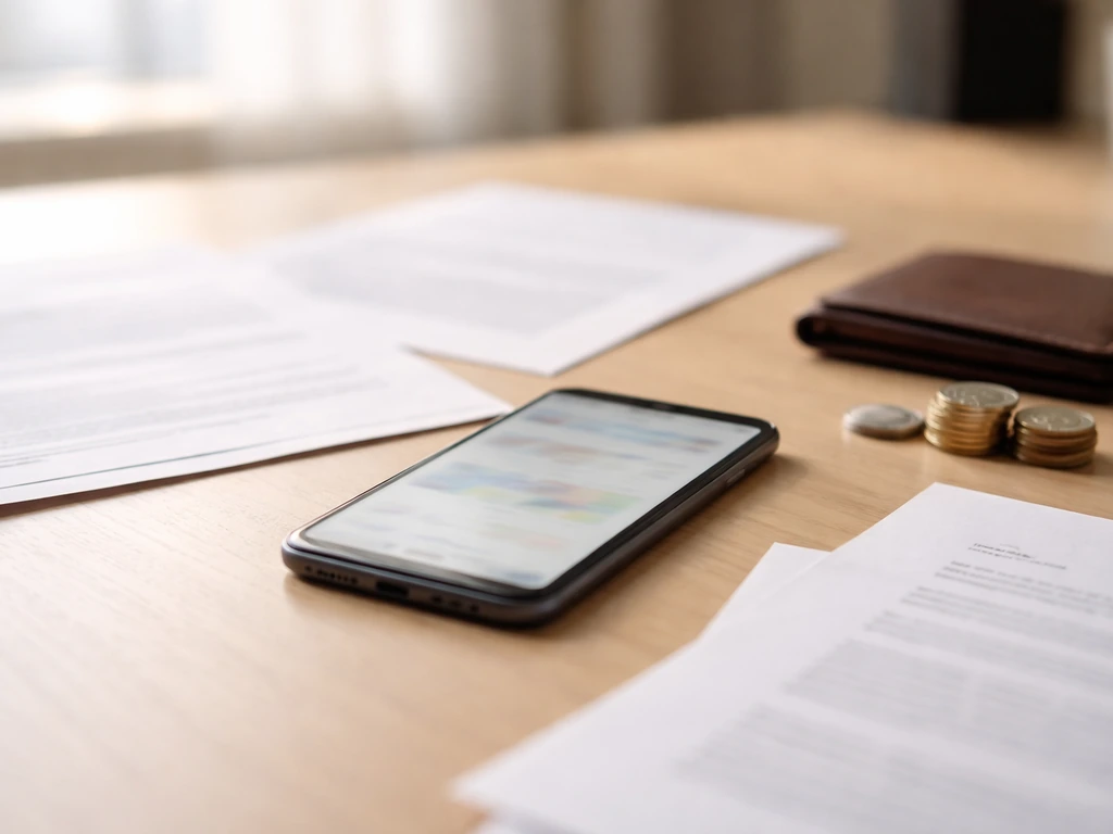 An office desk with scattered printed pages and a smartphone showing blurred financial figures, emphasizing conflicting