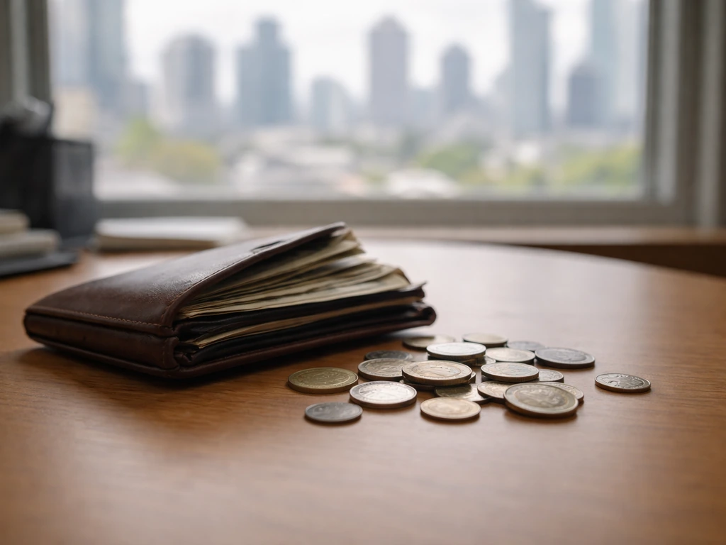 Low-confidence net worth range concept: dim office desk with wallet and coin spilling light, no text or UI.
