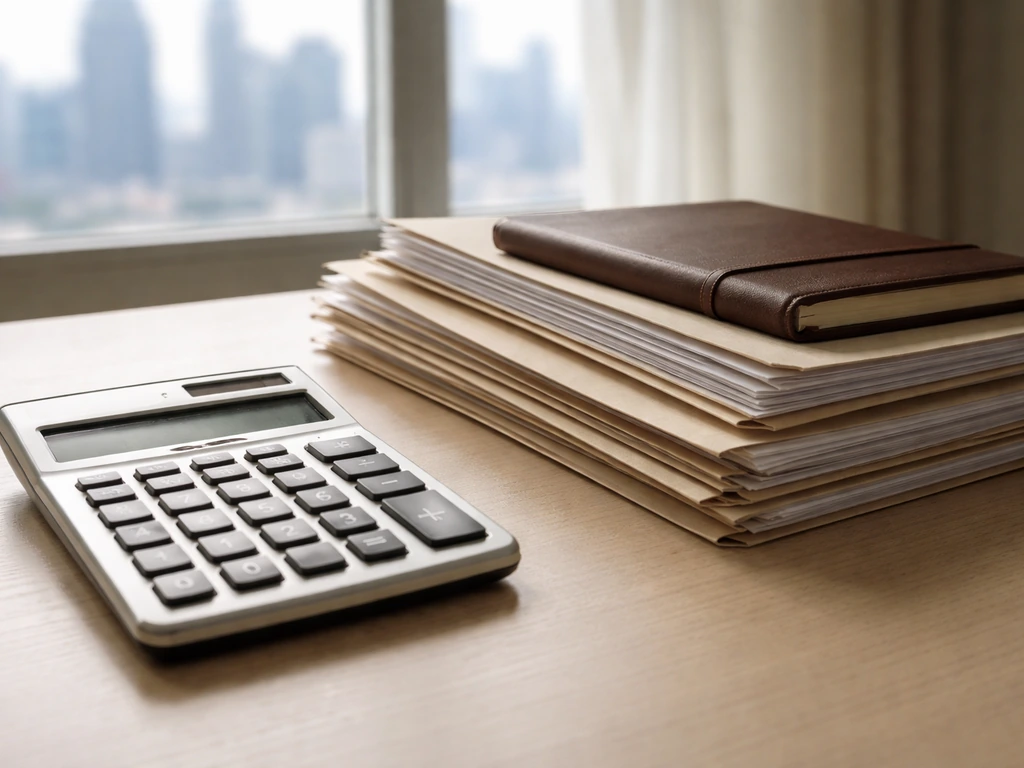 Close-up of a calculator beside finance folders and a notebook, suggesting net worth estimation