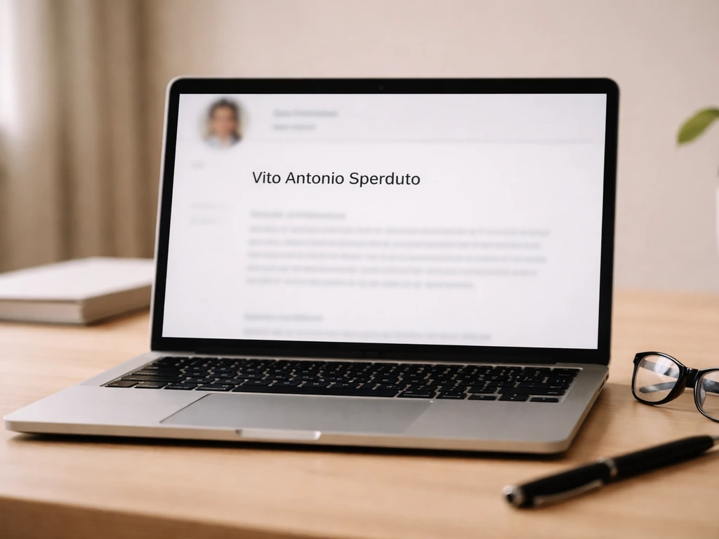 Close-up of a laptop showing a blurred executive bio page matching Vito Antonio Sperduto