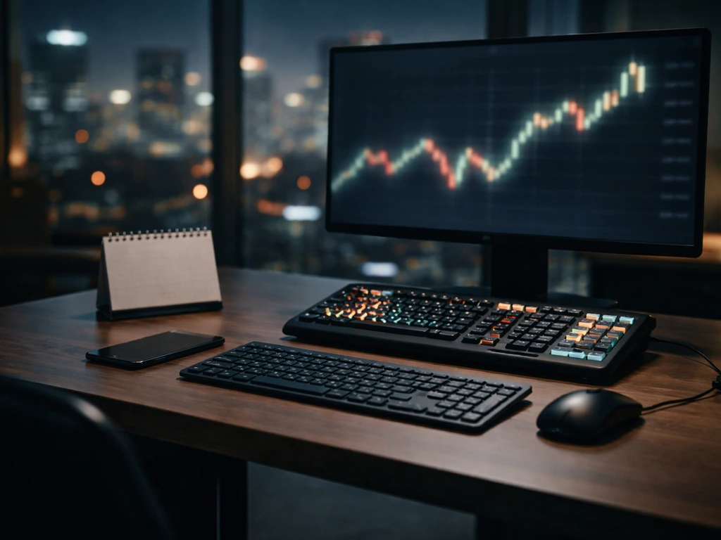 Empty investment banking desk with glowing finance terminal, blurred market screen, and desk calendar