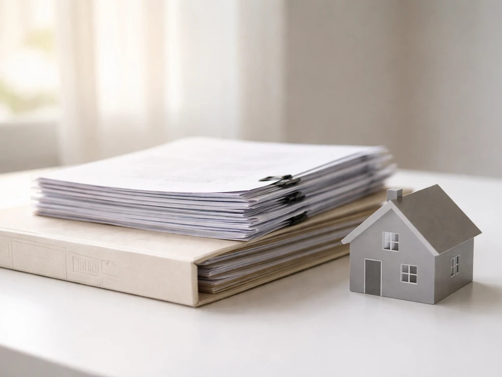 Stack of mortgage paperwork beside a house silhouette, illustrating property liability offsetting net worth.