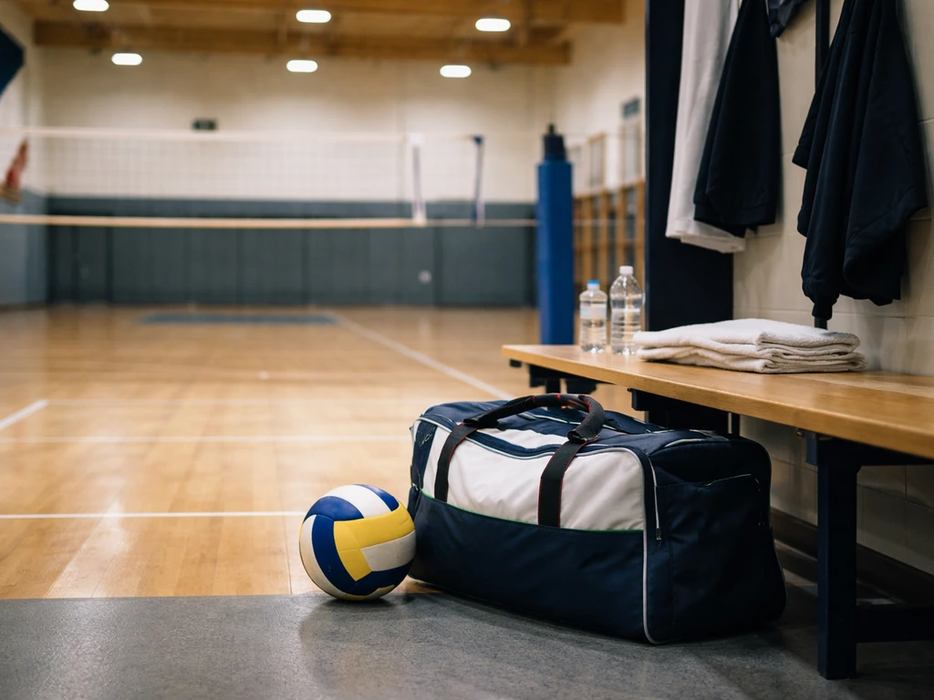 Minimal view of a volleyball gym bench with practice gear, suggesting club and institutional affiliation.