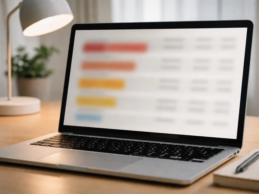 Close-up of a laptop showing blurred, tiered prize-money results blocks on a clean desk.