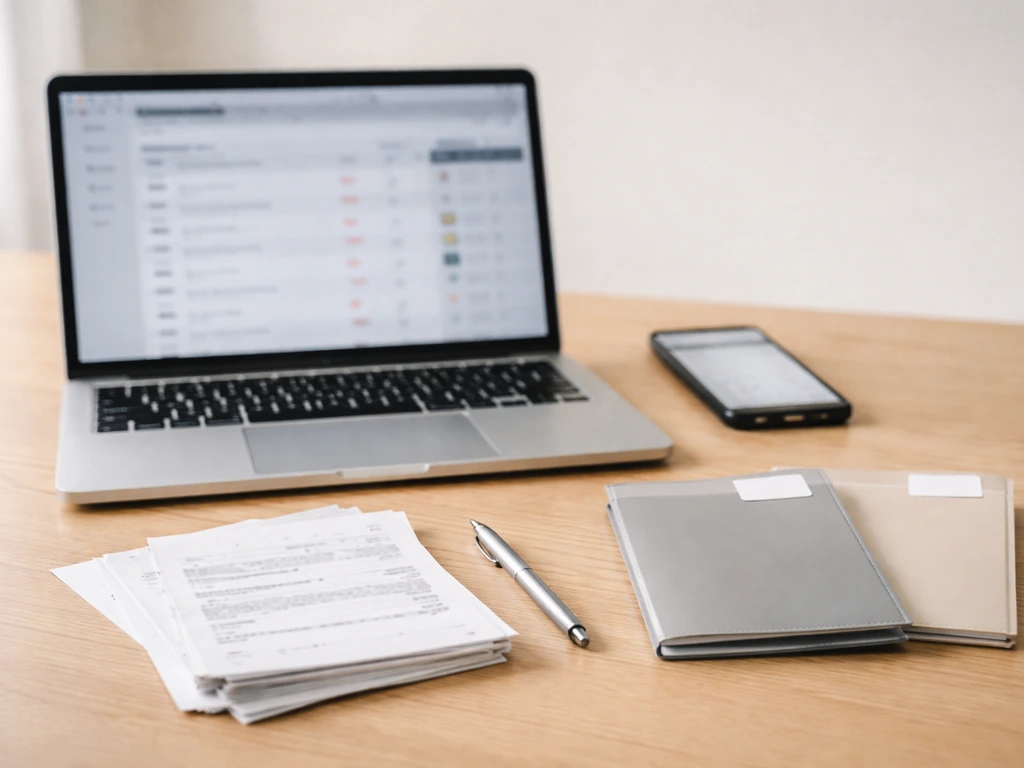 Minimal desk with laptop and phone displaying blurred sports-results pages for evidence checking.