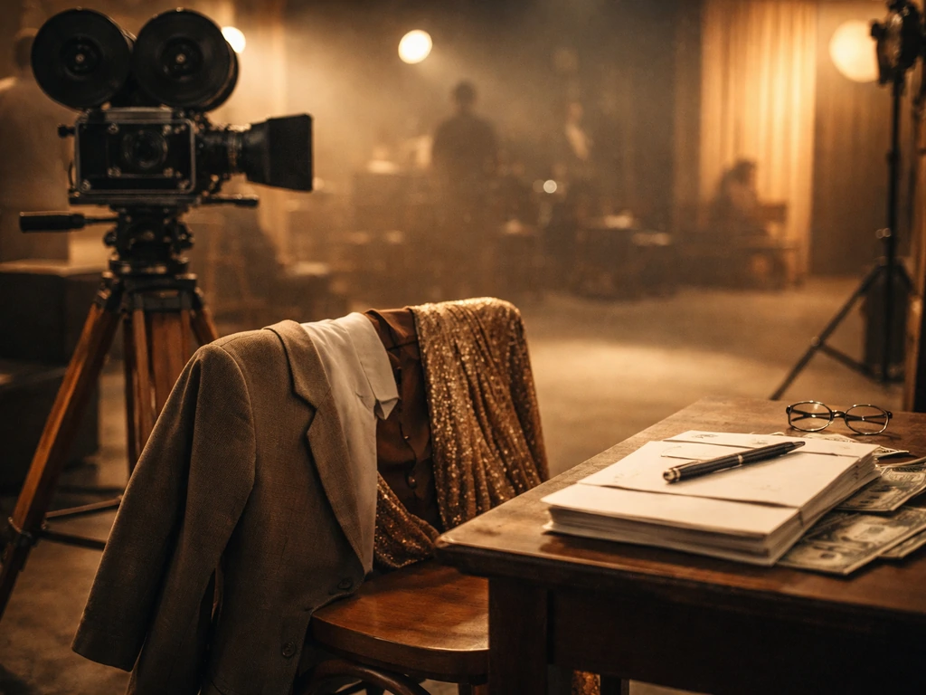 Vintage film set props—camera, costumes, and envelopes—suggesting paid acting work.