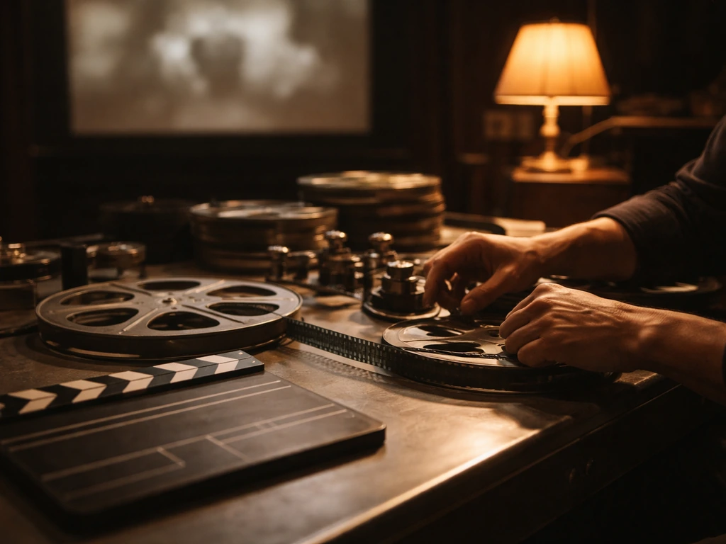 Anonymous hands adjusting vintage 35mm film reels in a warm editing room, award-like prestige mood