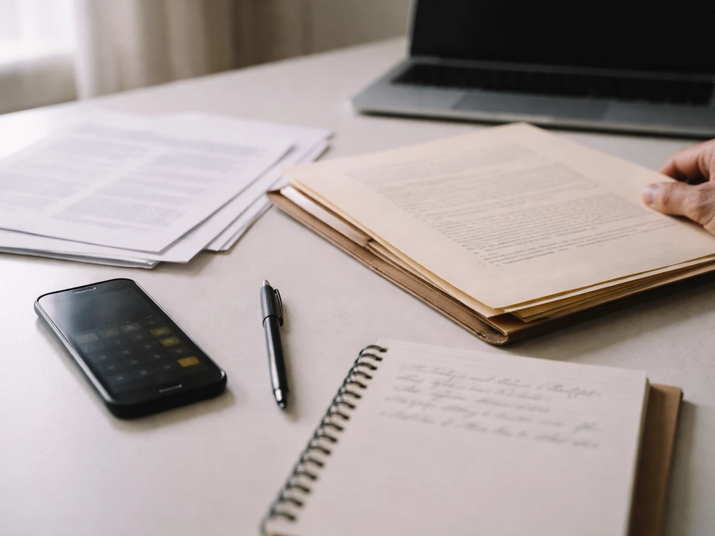 Minimal desk scene with printed research papers, notebook, pen, and phone for evaluating net worth figures