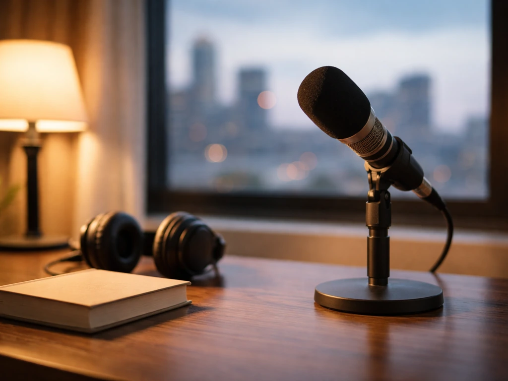 Unbranded podcast studio desk with microphone and headphones, city skyline blurred in the background.