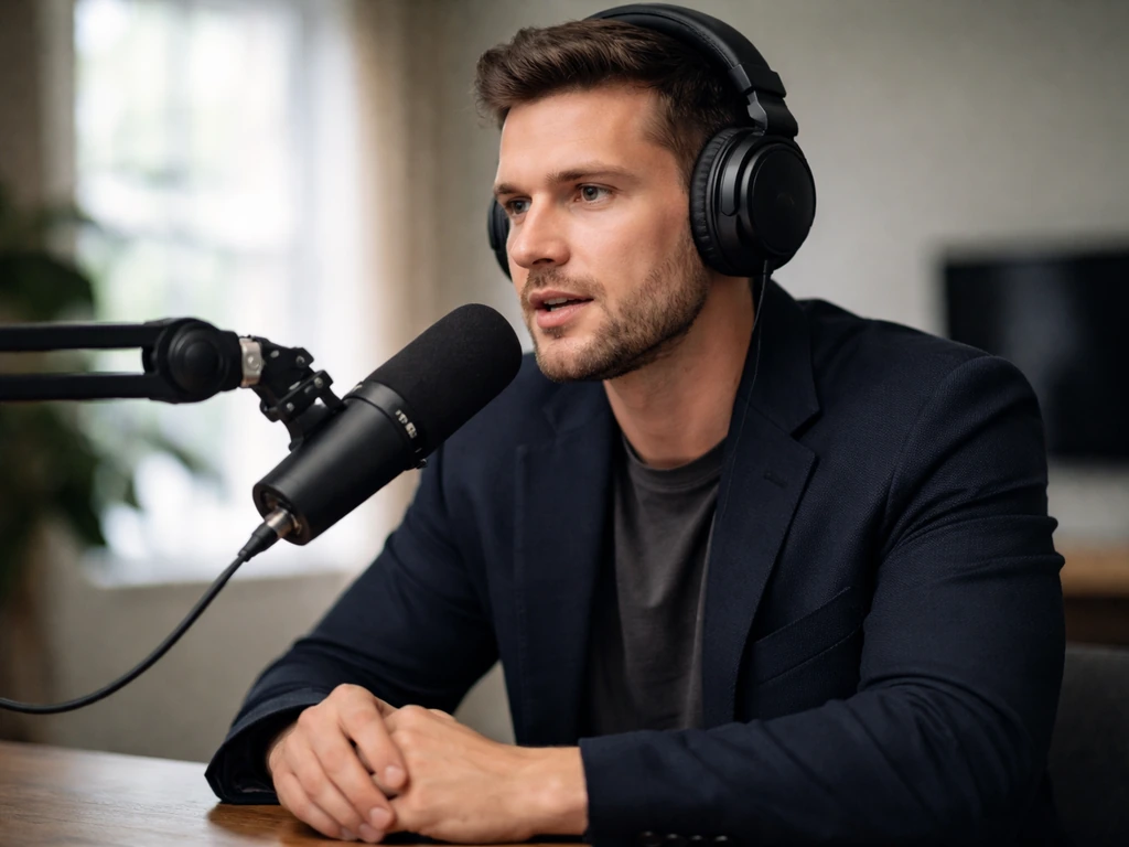 Anonymous commentator in a podcast studio speaking into a microphone with headphones on.