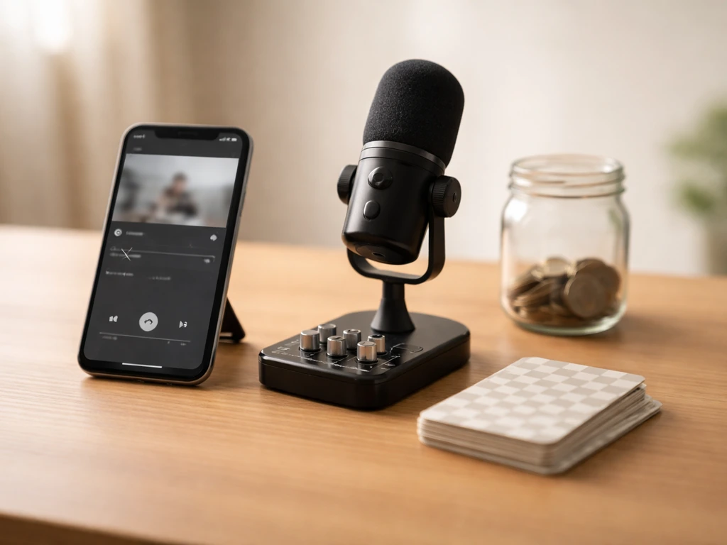 Minimal desk with smartphone, podcast microphone, and coins symbolizing media income streams.