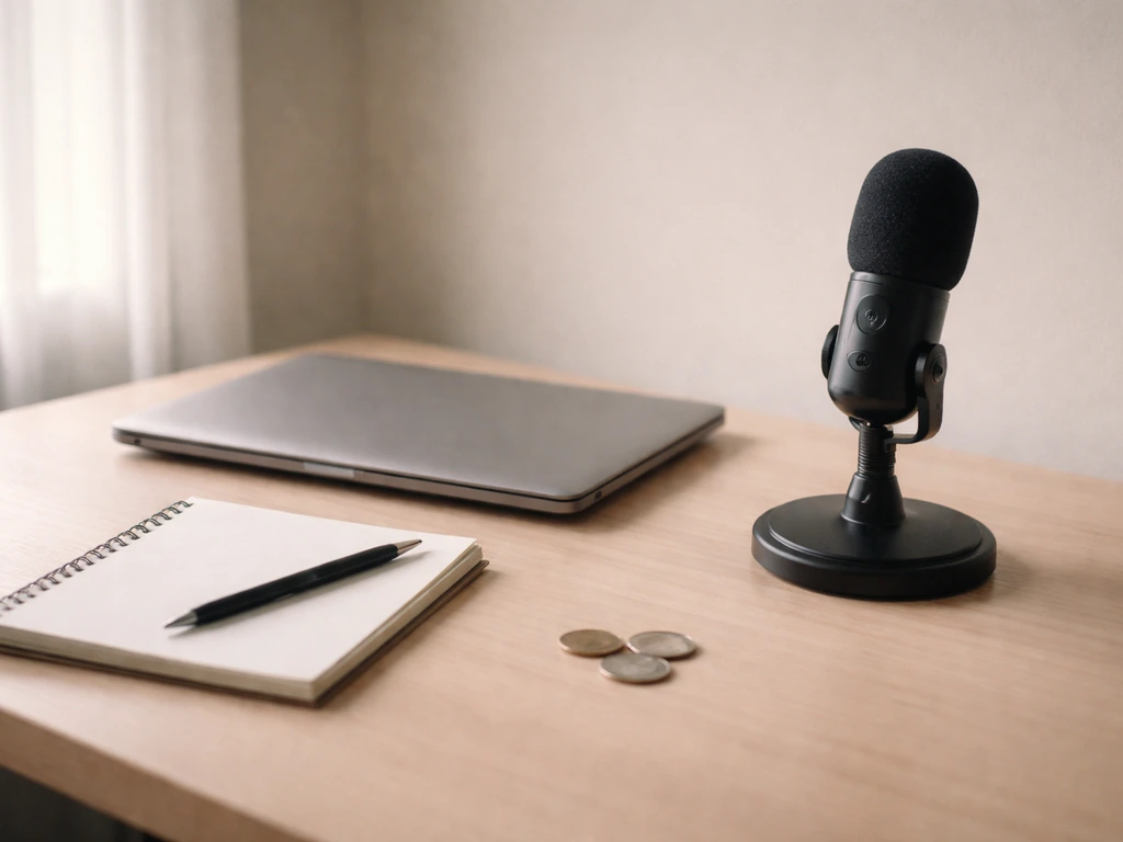 Minimal photo of a tidy desk with laptop, microphone, and scattered notes suggesting net worth methodology