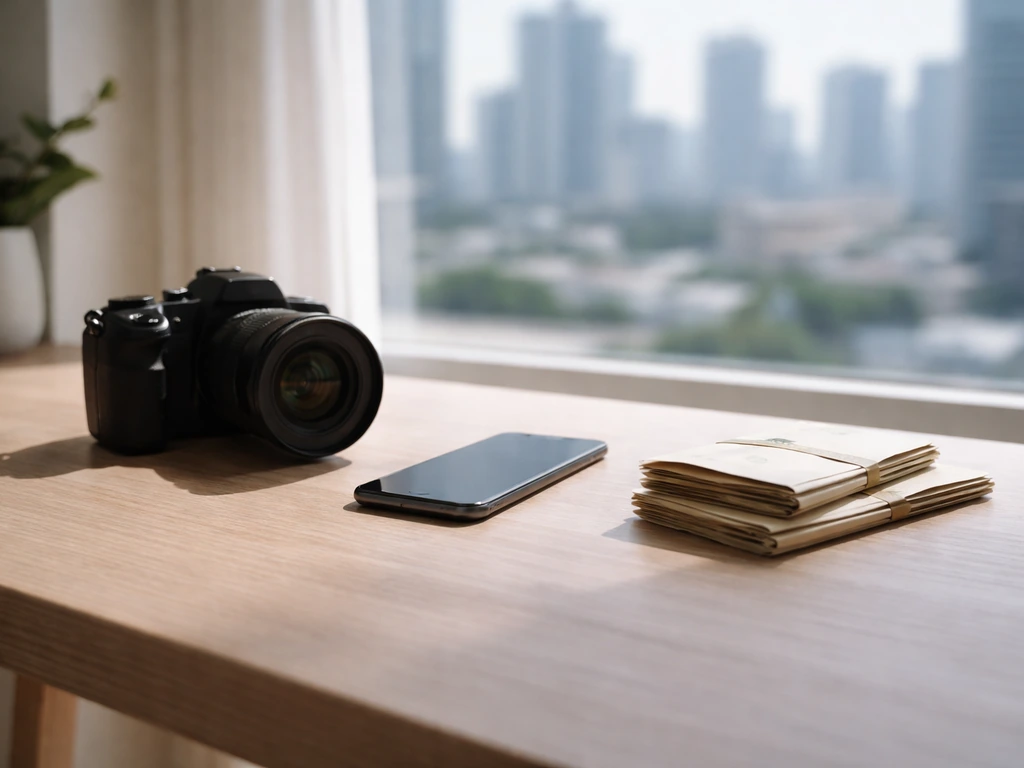 Minimal photo of a luxury studio desk with a camera and money symbols suggesting net-worth verification theme.