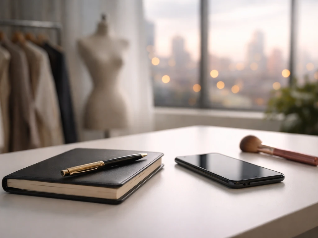 Fashion modeling-themed workspace with a blurred runway backdrop and a luxury notebook on a desk