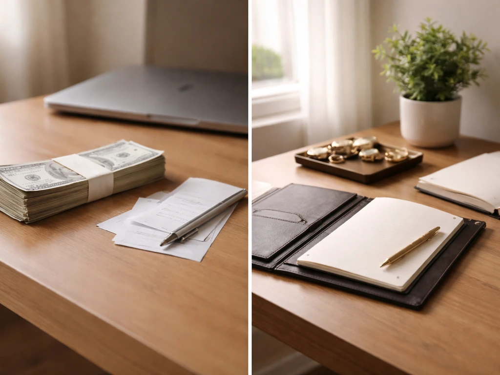 Two-part photo split: cash and receipts on one side, blank investment portfolio on the other.