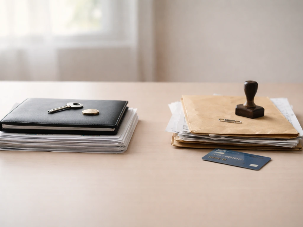 Desk photo with separate items symbolizing investment assets and loan liabilities, no text or people.