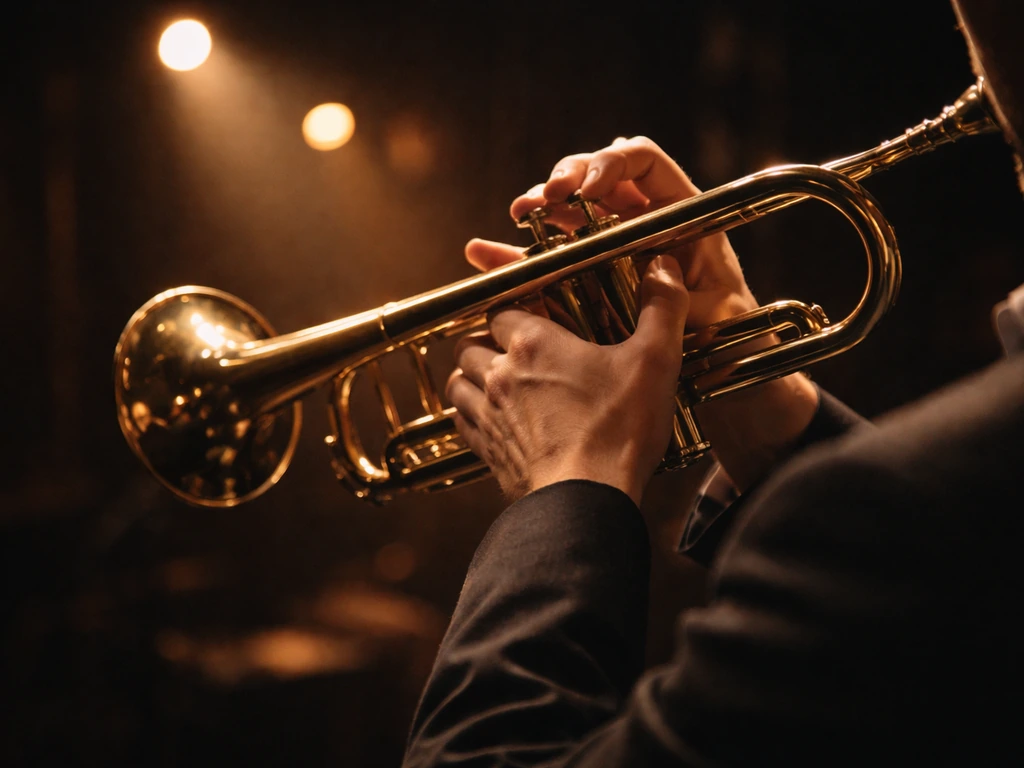 A jazz musician’s hands playing a trumpet on a dim stage, cinematic lighting and a hint of wealth theme.