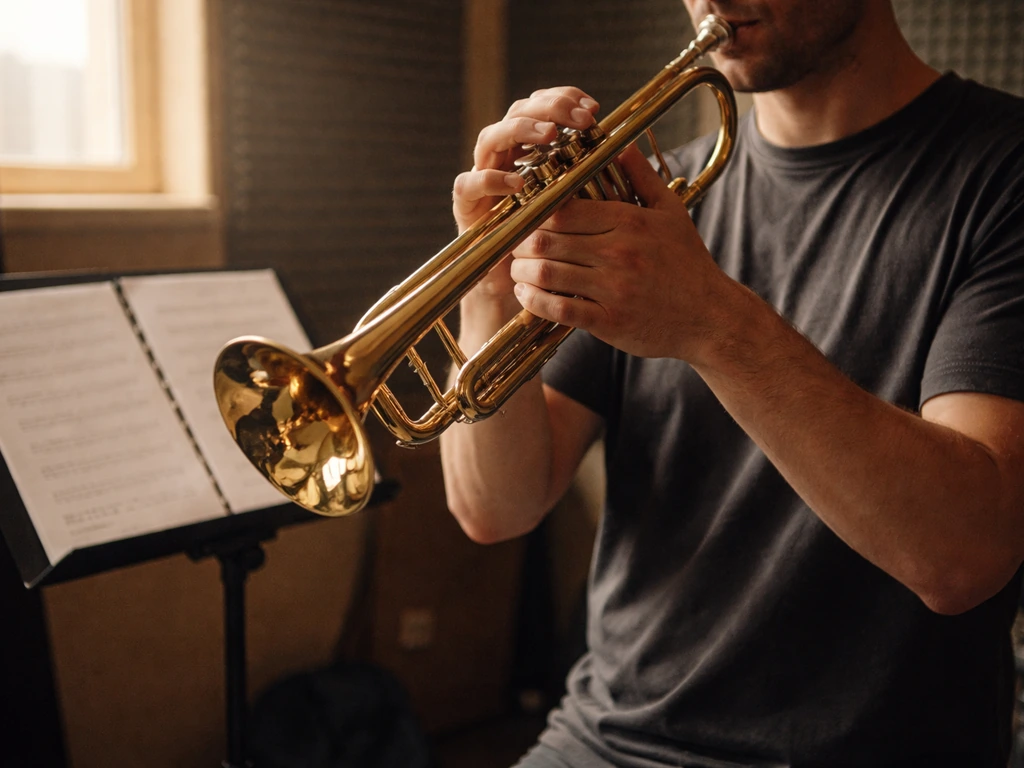 Jazz trumpeter playing in a small rehearsal room with music stand and warm lighting
