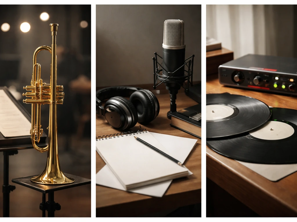 A minimal studio collage: trumpet on a stand, microphone and headphones, and vinyl records/audio gear for music wealth d