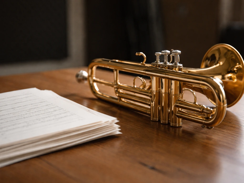 Close-up trumpet beside stacked blank sheet music pages on a wooden table.